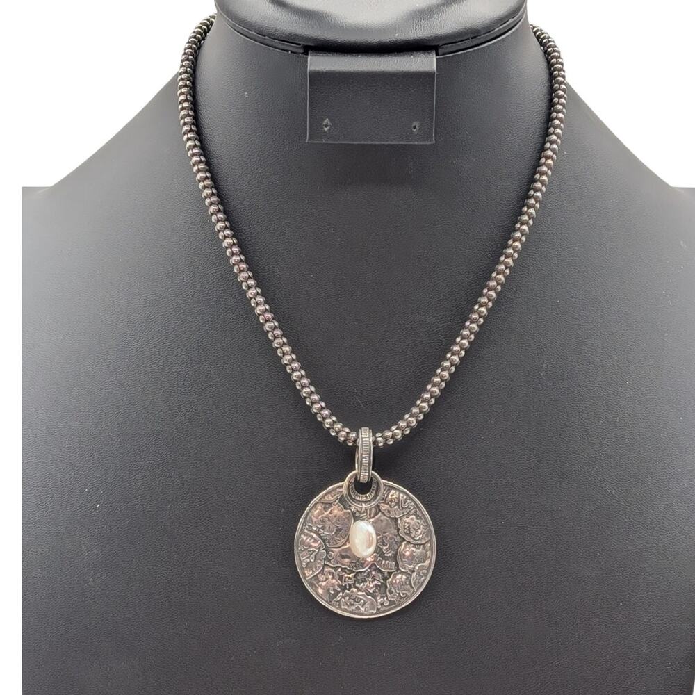 Vtg SILPADA Sterling Hammered Medallion Pendant Pearl Popcorn Chain Necklace